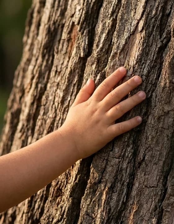 A child's hand resting gently on the bark of a tree
