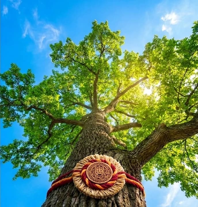 A ceremonial Rakhi tied around the trunk of a sunlit tree