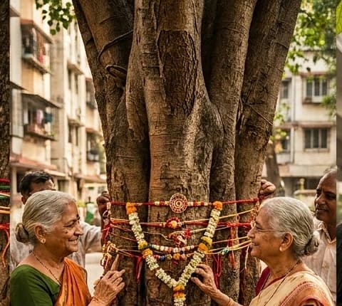 Community elders gathered beside a tree wrapped with Rakhis