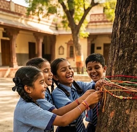 Schoolchildren gathered around a tree decorated with Rakhis
