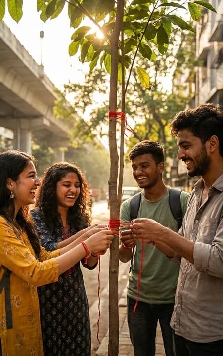 Young people making a Rakhi promise beside a city tree